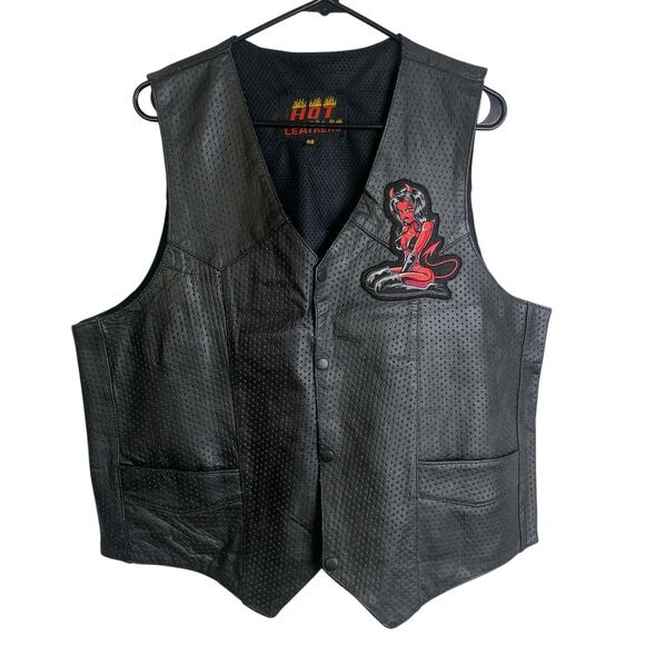 Hot Leathers Leather Vest Mens 48 Black Motorcycle Biker Devil Woman Patch USA - Picture 1 of 11